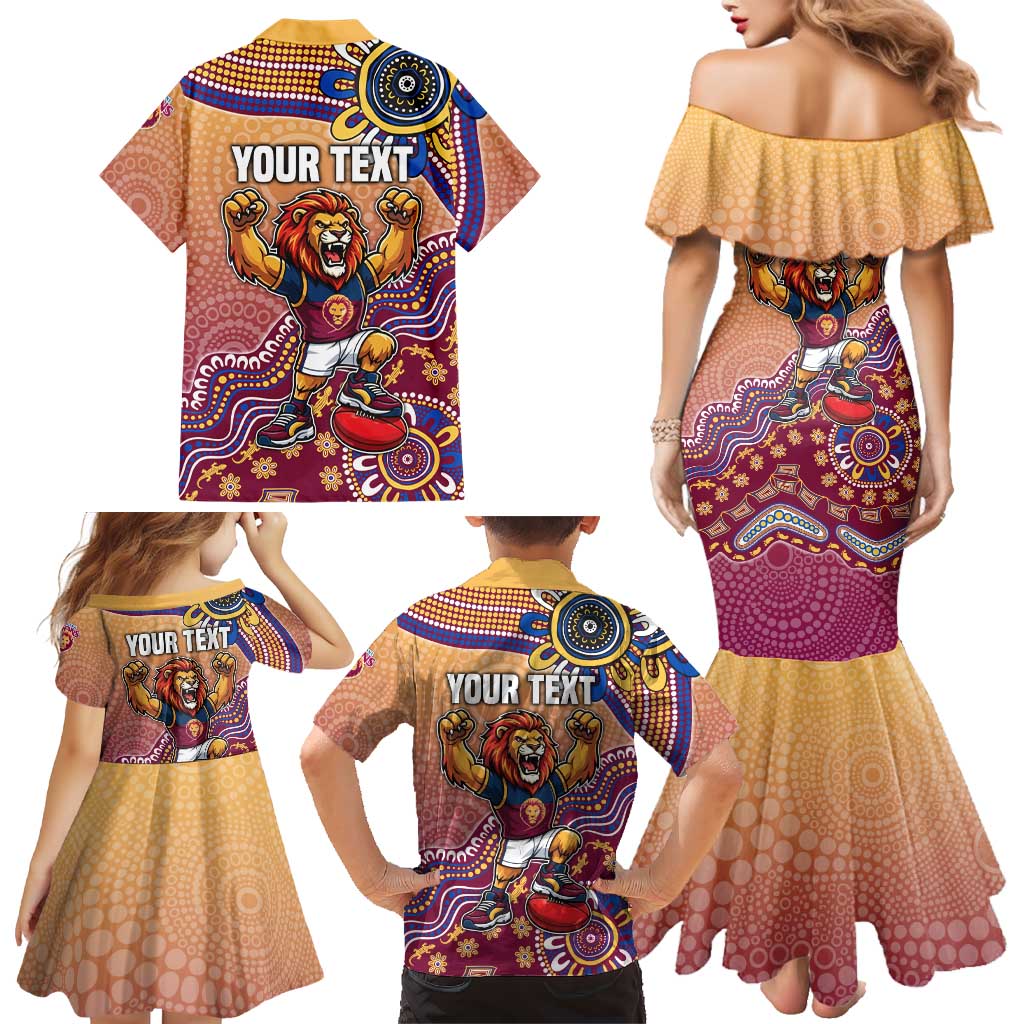Personalized Brisbane Lions Football Mascot Family Matching Mermaid Dress and Hawaiian Shirt Aboriginal Dot Art Style Vibrant Indigenous Pattern Design