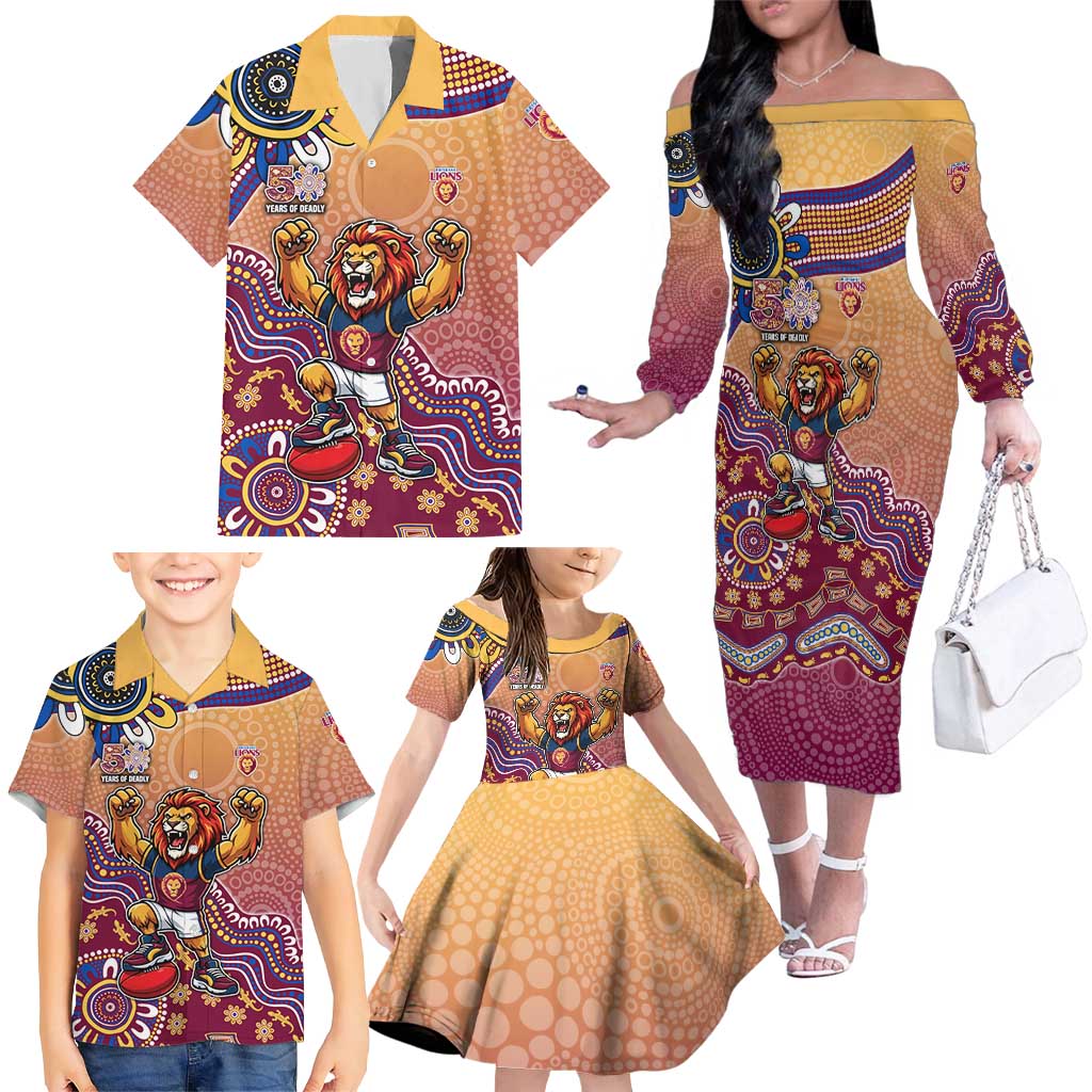Personalized Brisbane Lions Football Mascot Family Matching Off The Shoulder Long Sleeve Dress and Hawaiian Shirt Aboriginal Dot Art Style Vibrant Indigenous Pattern Design