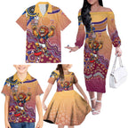 Personalized Brisbane Lions Football Mascot Family Matching Off The Shoulder Long Sleeve Dress and Hawaiian Shirt Aboriginal Dot Art Style Vibrant Indigenous Pattern Design