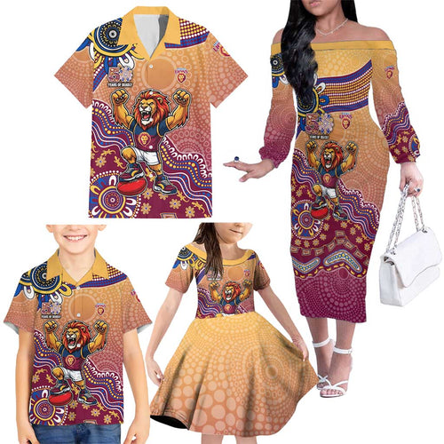 Personalized Brisbane Lions Football Mascot Family Matching Off The Shoulder Long Sleeve Dress and Hawaiian Shirt Aboriginal Dot Art Style Vibrant Indigenous Pattern Design