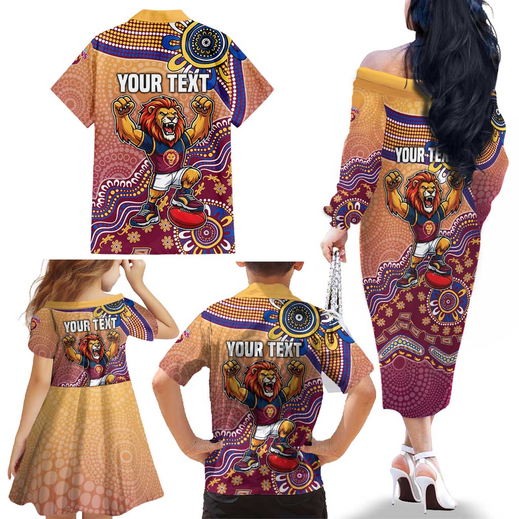 Personalized Brisbane Lions Football Mascot Family Matching Off The Shoulder Long Sleeve Dress and Hawaiian Shirt Aboriginal Dot Art Style Vibrant Indigenous Pattern Design