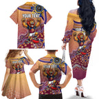 Personalized Brisbane Lions Football Mascot Family Matching Off The Shoulder Long Sleeve Dress and Hawaiian Shirt Aboriginal Dot Art Style Vibrant Indigenous Pattern Design