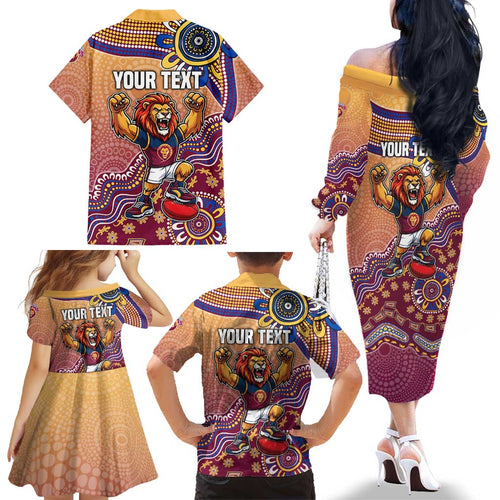 Personalized Brisbane Lions Football Mascot Family Matching Off The Shoulder Long Sleeve Dress and Hawaiian Shirt Aboriginal Dot Art Style Vibrant Indigenous Pattern Design