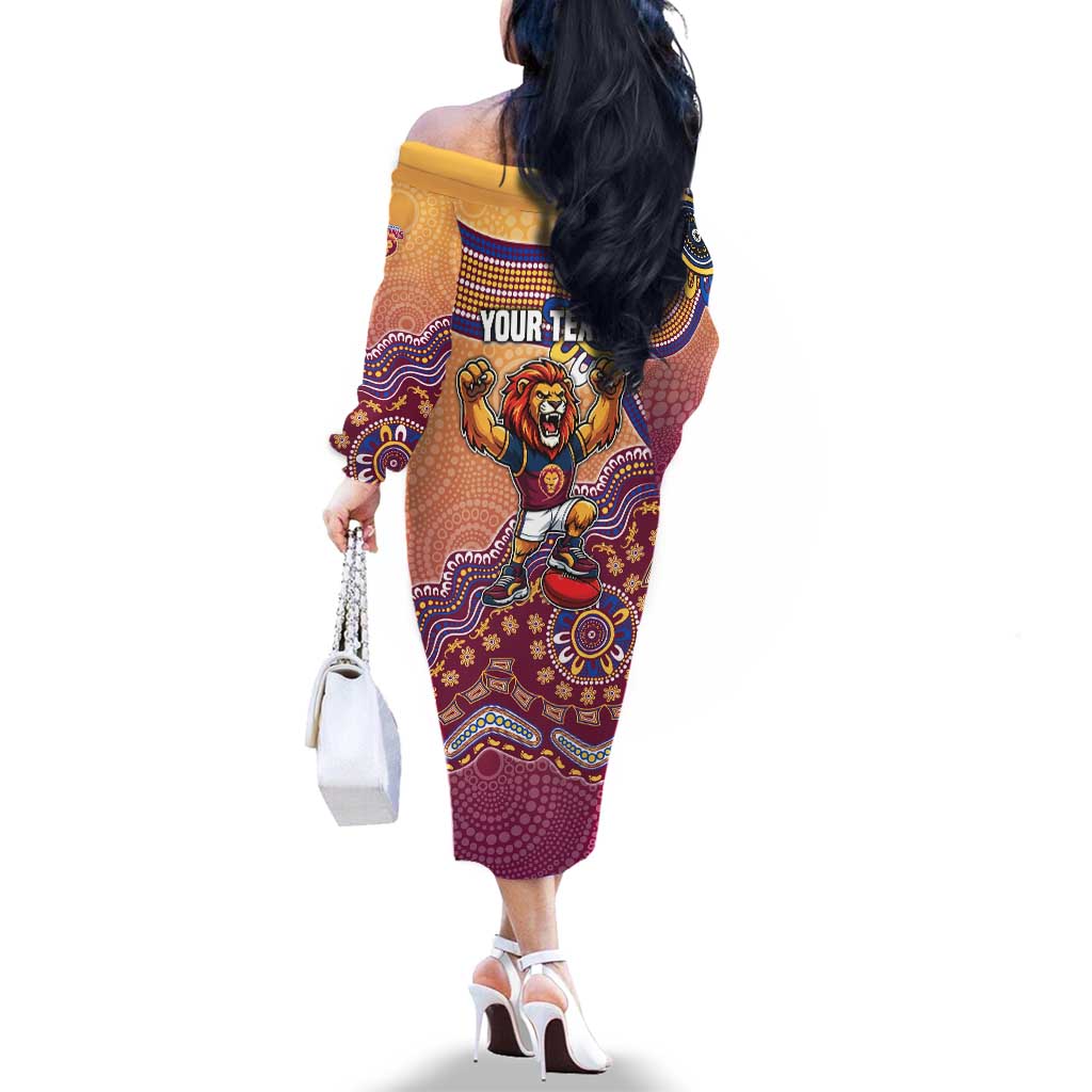 Personalized Brisbane Lions Football Mascot Family Matching Off The Shoulder Long Sleeve Dress and Hawaiian Shirt Aboriginal Dot Art Style Vibrant Indigenous Pattern Design