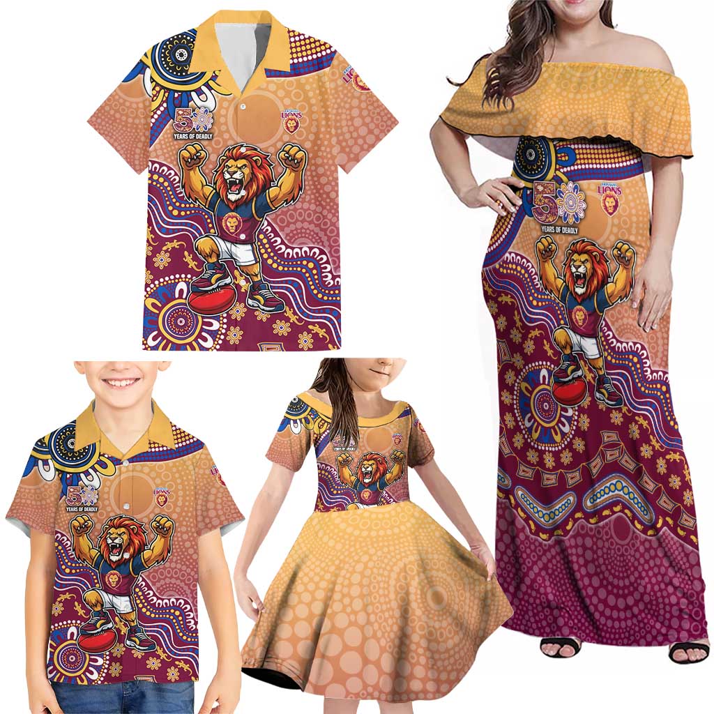Personalized Brisbane Lions Football Mascot Family Matching Off Shoulder Maxi Dress and Hawaiian Shirt Aboriginal Dot Art Style Vibrant Indigenous Pattern Design