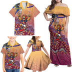 Personalized Brisbane Lions Football Mascot Family Matching Off Shoulder Maxi Dress and Hawaiian Shirt Aboriginal Dot Art Style Vibrant Indigenous Pattern Design