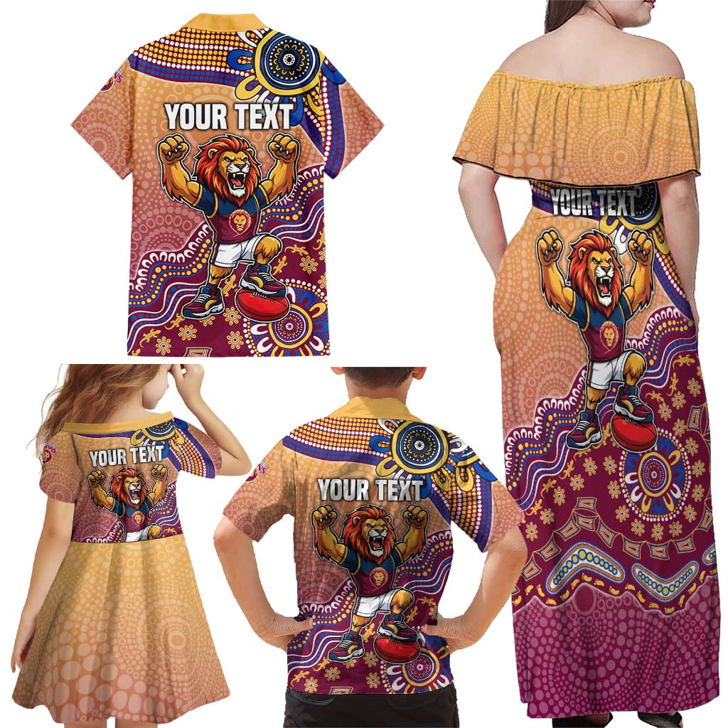 Personalized Brisbane Lions Football Mascot Family Matching Off Shoulder Maxi Dress and Hawaiian Shirt Aboriginal Dot Art Style Vibrant Indigenous Pattern Design