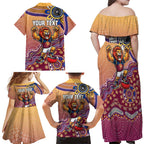 Personalized Brisbane Lions Football Mascot Family Matching Off Shoulder Maxi Dress and Hawaiian Shirt Aboriginal Dot Art Style Vibrant Indigenous Pattern Design