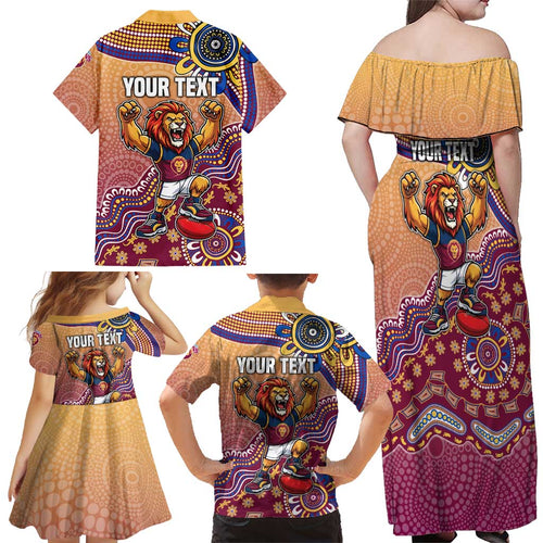 Personalized Brisbane Lions Football Mascot Family Matching Off Shoulder Maxi Dress and Hawaiian Shirt Aboriginal Dot Art Style Vibrant Indigenous Pattern Design