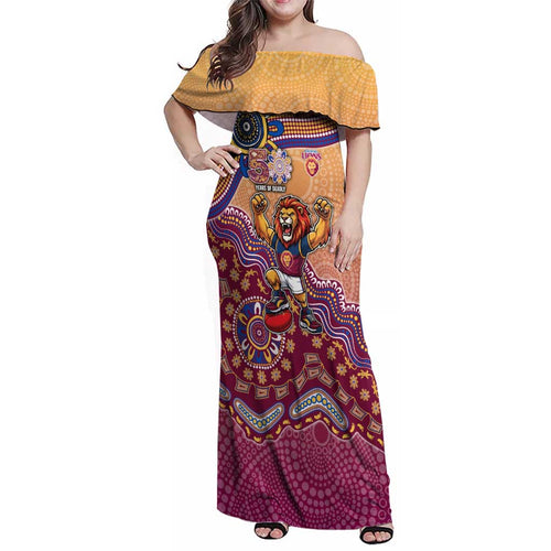 Personalized Brisbane Lions Football Mascot Family Matching Off Shoulder Maxi Dress and Hawaiian Shirt Aboriginal Dot Art Style Vibrant Indigenous Pattern Design