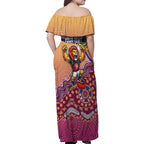 Personalized Brisbane Lions Football Mascot Family Matching Off Shoulder Maxi Dress and Hawaiian Shirt Aboriginal Dot Art Style Vibrant Indigenous Pattern Design