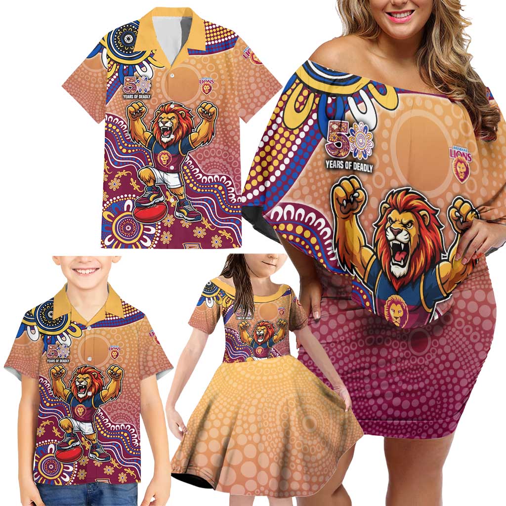 Personalized Brisbane Lions Football Mascot Family Matching Off Shoulder Short Dress and Hawaiian Shirt Aboriginal Dot Art Style Vibrant Indigenous Pattern Design