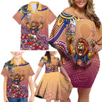 Personalized Brisbane Lions Football Mascot Family Matching Off Shoulder Short Dress and Hawaiian Shirt Aboriginal Dot Art Style Vibrant Indigenous Pattern Design