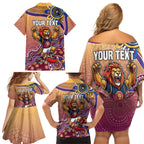 Personalized Brisbane Lions Football Mascot Family Matching Off Shoulder Short Dress and Hawaiian Shirt Aboriginal Dot Art Style Vibrant Indigenous Pattern Design