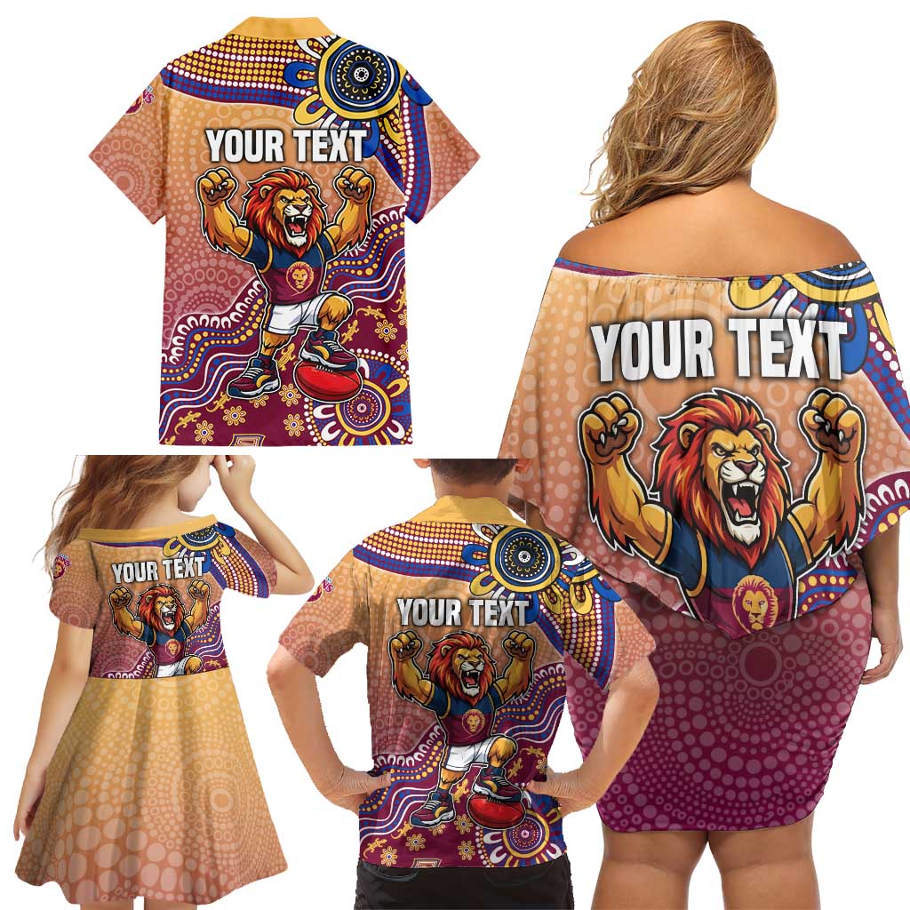 Personalized Brisbane Lions Football Mascot Family Matching Off Shoulder Short Dress and Hawaiian Shirt Aboriginal Dot Art Style Vibrant Indigenous Pattern Design