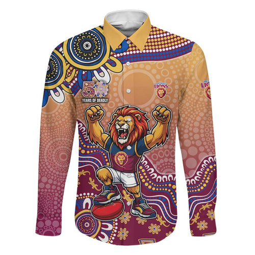 Personalized Brisbane Lions Football Mascot Family Matching Off Shoulder Short Dress and Hawaiian Shirt Aboriginal Dot Art Style Vibrant Indigenous Pattern Design