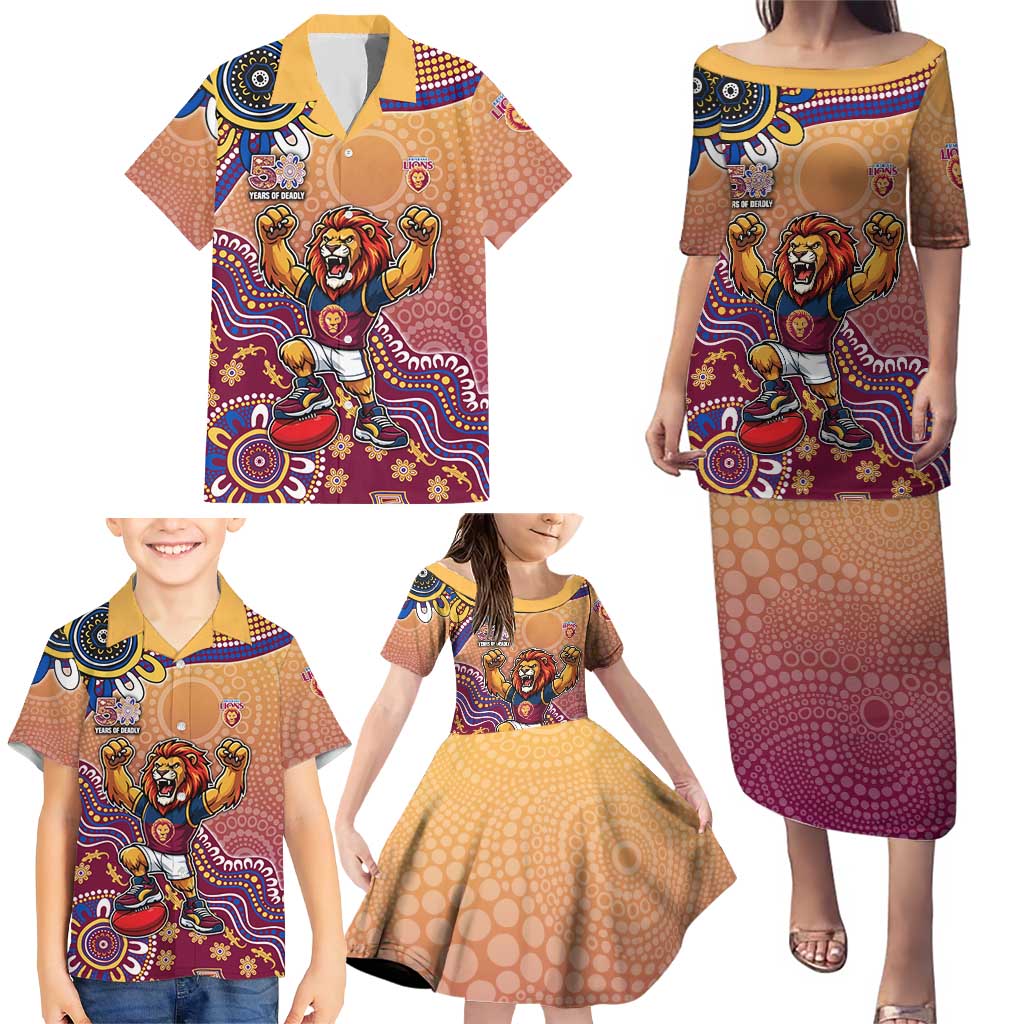 Personalized Brisbane Lions Football Mascot Family Matching Puletasi and Hawaiian Shirt Aboriginal Dot Art Style Vibrant Indigenous Pattern Design