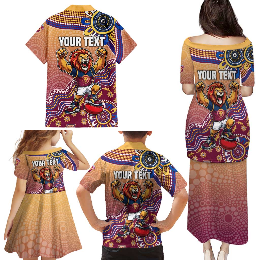 Personalized Brisbane Lions Football Mascot Family Matching Puletasi and Hawaiian Shirt Aboriginal Dot Art Style Vibrant Indigenous Pattern Design