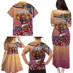 Personalized Brisbane Lions Football Mascot Family Matching Puletasi and Hawaiian Shirt Aboriginal Dot Art Style Vibrant Indigenous Pattern Design