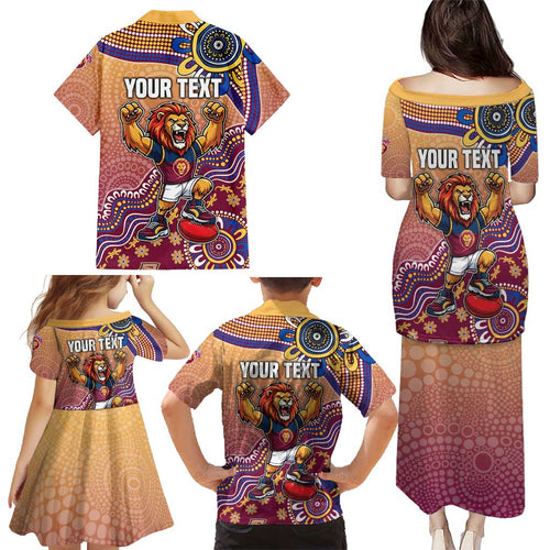 Personalized Brisbane Lions Football Mascot Family Matching Puletasi and Hawaiian Shirt Aboriginal Dot Art Style Vibrant Indigenous Pattern Design