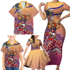 Personalized Brisbane Lions Football Mascot Family Matching Short Sleeve Bodycon Dress and Hawaiian Shirt Aboriginal Dot Art Style Vibrant Indigenous Pattern Design