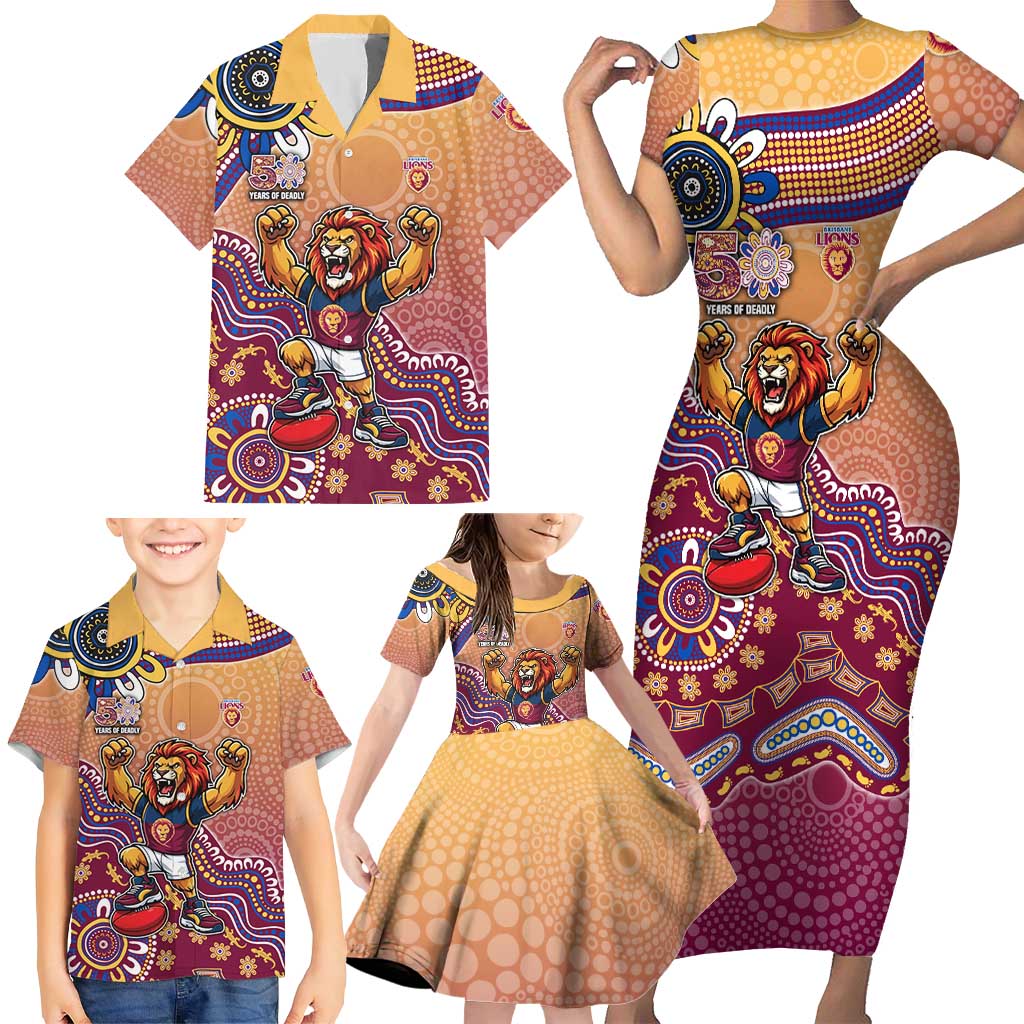 Personalized Brisbane Lions Football Mascot Family Matching Short Sleeve Bodycon Dress and Hawaiian Shirt Aboriginal Dot Art Style Vibrant Indigenous Pattern Design