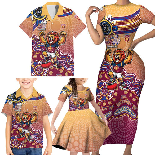 Personalized Brisbane Lions Football Mascot Family Matching Short Sleeve Bodycon Dress and Hawaiian Shirt Aboriginal Dot Art Style Vibrant Indigenous Pattern Design