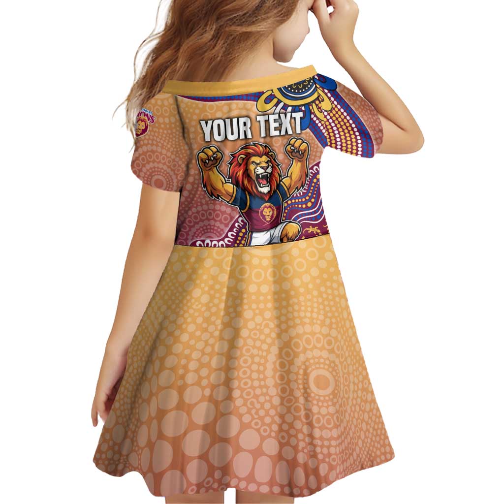 Personalized Brisbane Lions Football Mascot Family Matching Short Sleeve Bodycon Dress and Hawaiian Shirt Aboriginal Dot Art Style Vibrant Indigenous Pattern Design