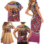 Personalized Brisbane Lions Football Mascot Family Matching Short Sleeve Bodycon Dress and Hawaiian Shirt Aboriginal Dot Art Style Vibrant Indigenous Pattern Design