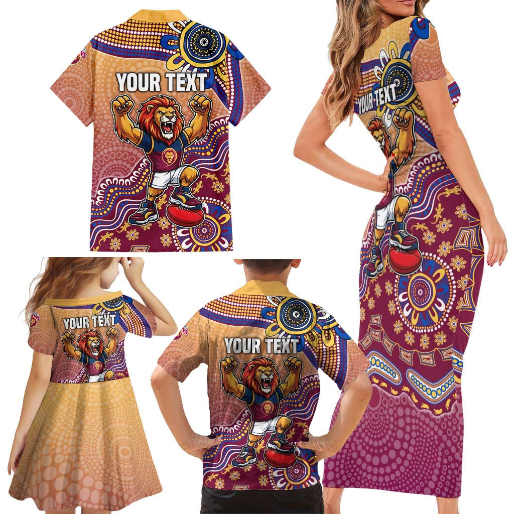 Personalized Brisbane Lions Football Mascot Family Matching Short Sleeve Bodycon Dress and Hawaiian Shirt Aboriginal Dot Art Style Vibrant Indigenous Pattern Design