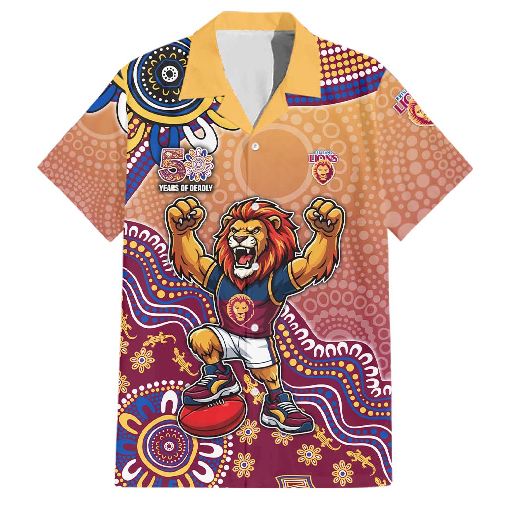 Personalized Brisbane Lions Football Mascot Family Matching Short Sleeve Bodycon Dress and Hawaiian Shirt Aboriginal Dot Art Style Vibrant Indigenous Pattern Design
