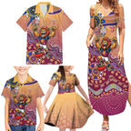 Personalized Brisbane Lions Football Mascot Family Matching Summer Maxi Dress and Hawaiian Shirt Aboriginal Dot Art Style Vibrant Indigenous Pattern Design