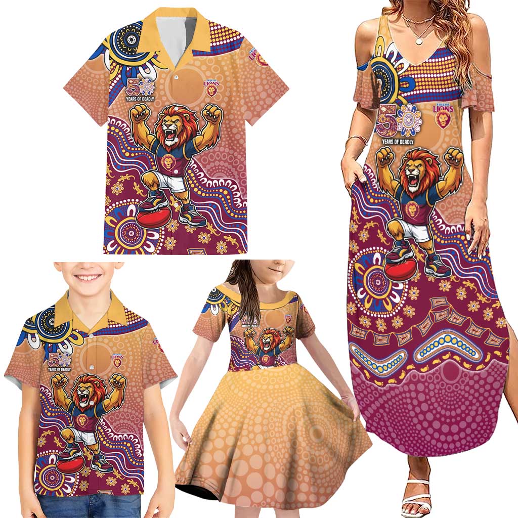 Personalized Brisbane Lions Football Mascot Family Matching Summer Maxi Dress and Hawaiian Shirt Aboriginal Dot Art Style Vibrant Indigenous Pattern Design