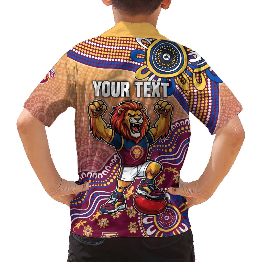 Personalized Brisbane Lions Football Mascot Family Matching Summer Maxi Dress and Hawaiian Shirt Aboriginal Dot Art Style Vibrant Indigenous Pattern Design