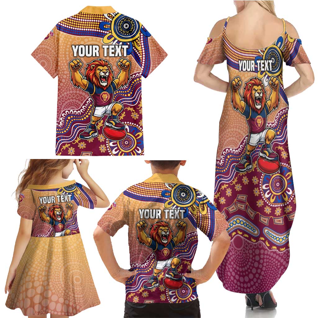 Personalized Brisbane Lions Football Mascot Family Matching Summer Maxi Dress and Hawaiian Shirt Aboriginal Dot Art Style Vibrant Indigenous Pattern Design