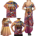 Personalized Brisbane Lions Football Mascot Family Matching Summer Maxi Dress and Hawaiian Shirt Aboriginal Dot Art Style Vibrant Indigenous Pattern Design