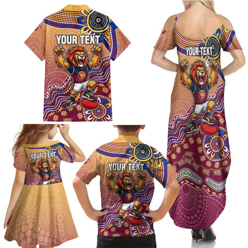 Personalized Brisbane Lions Football Mascot Family Matching Summer Maxi Dress and Hawaiian Shirt Aboriginal Dot Art Style Vibrant Indigenous Pattern Design