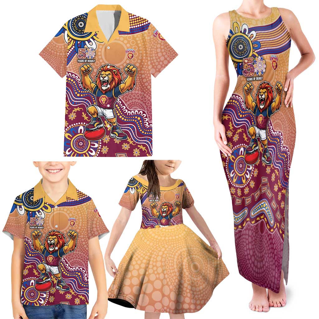Personalized Brisbane Lions Football Mascot Family Matching Tank Maxi Dress and Hawaiian Shirt Aboriginal Dot Art Style Vibrant Indigenous Pattern Design