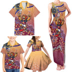 Personalized Brisbane Lions Football Mascot Family Matching Tank Maxi Dress and Hawaiian Shirt Aboriginal Dot Art Style Vibrant Indigenous Pattern Design