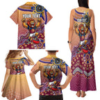 Personalized Brisbane Lions Football Mascot Family Matching Tank Maxi Dress and Hawaiian Shirt Aboriginal Dot Art Style Vibrant Indigenous Pattern Design