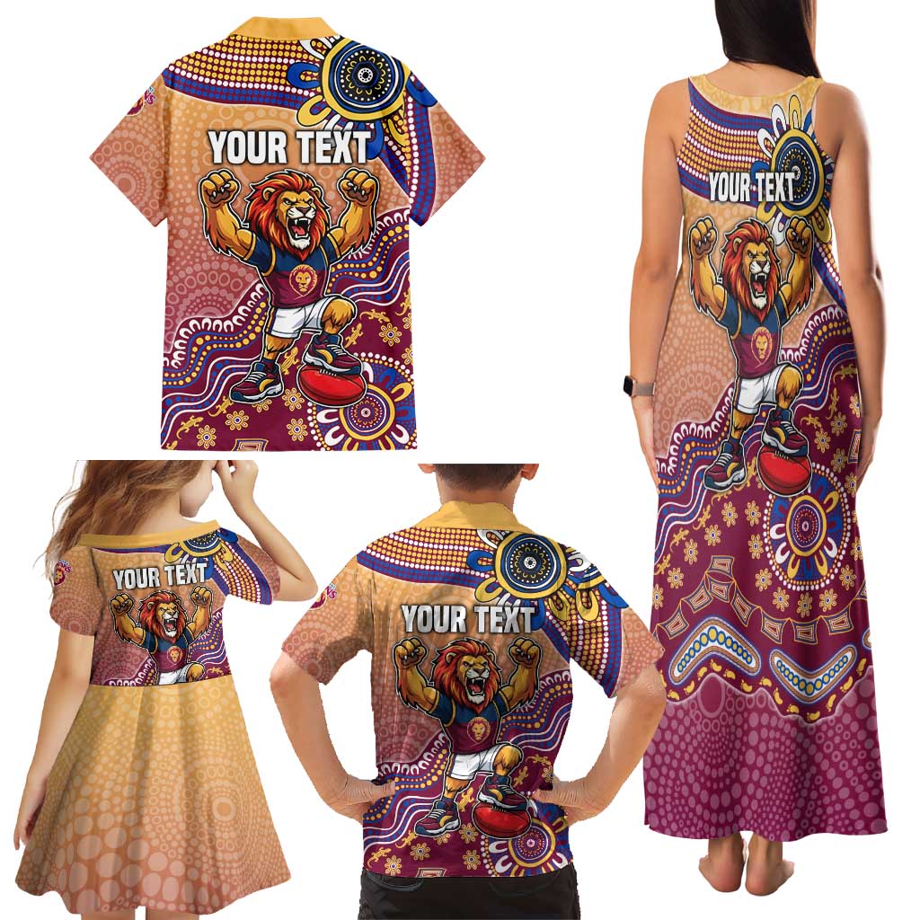 Personalized Brisbane Lions Football Mascot Family Matching Tank Maxi Dress and Hawaiian Shirt Aboriginal Dot Art Style Vibrant Indigenous Pattern Design