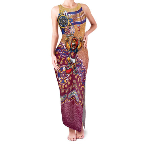 Personalized Brisbane Lions Football Mascot Family Matching Tank Maxi Dress and Hawaiian Shirt Aboriginal Dot Art Style Vibrant Indigenous Pattern Design
