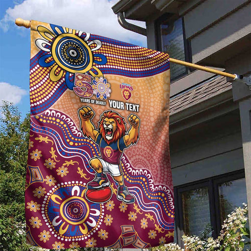 Personalized Brisbane Lions Football Mascot Garden Flag Aboriginal Dot Art Style Vibrant Indigenous Pattern Design
