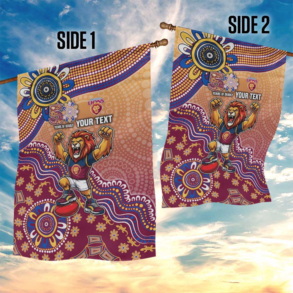 Personalized Brisbane Lions Football Mascot Garden Flag Aboriginal Dot Art Style Vibrant Indigenous Pattern Design