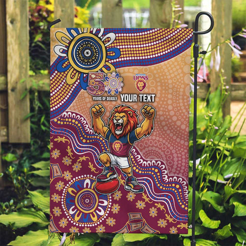 Personalized Brisbane Lions Football Mascot Garden Flag Aboriginal Dot Art Style Vibrant Indigenous Pattern Design
