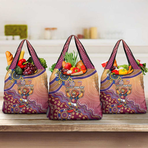 Personalized Brisbane Lions Football Mascot Grocery Bag Aboriginal Dot Art Style Vibrant Indigenous Pattern Design