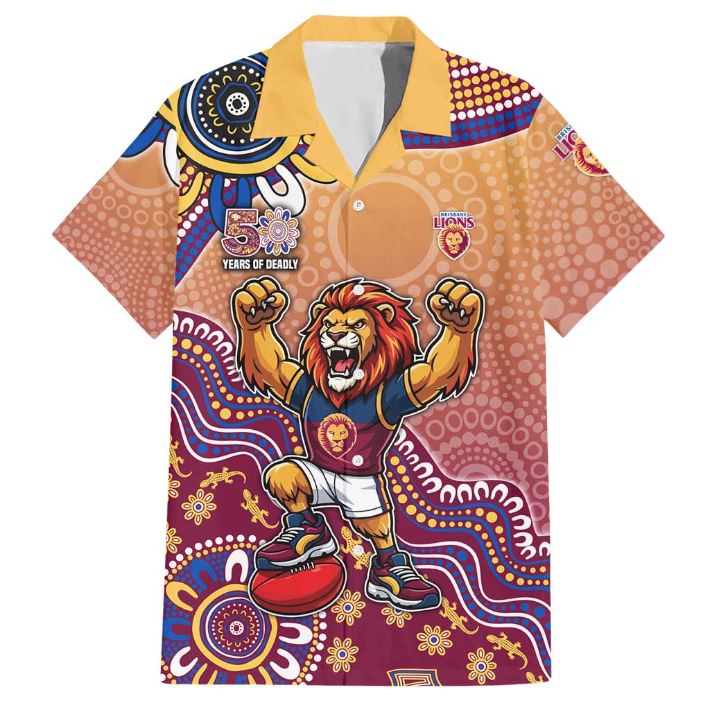 Personalized Brisbane Lions Football Mascot Hawaiian Shirt Aboriginal Dot Art Style Vibrant Indigenous Pattern Design