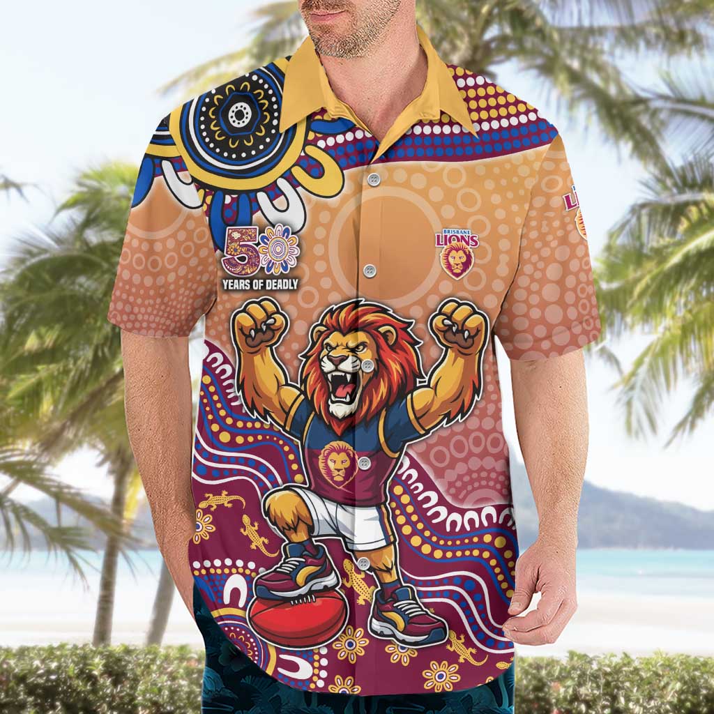 Personalized Brisbane Lions Football Mascot Hawaiian Shirt Aboriginal Dot Art Style Vibrant Indigenous Pattern Design