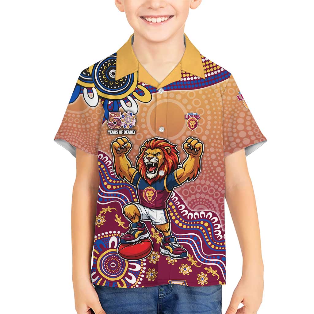 Personalized Brisbane Lions Football Mascot Hawaiian Shirt Aboriginal Dot Art Style Vibrant Indigenous Pattern Design
