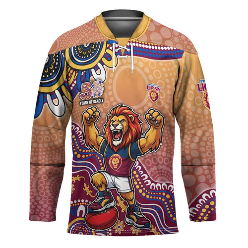 Personalized Brisbane Lions Football Mascot Hockey Jersey Aboriginal Dot Art Style Vibrant Indigenous Pattern Design